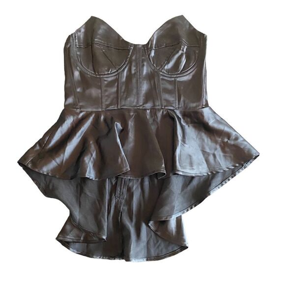 Prettylittlething black satin corset bandeau peplum waist long top US size 6 - Picture 1 of 10
